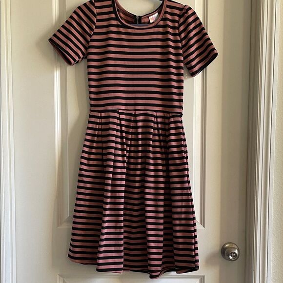 LuLaRoe Black and Pink Striped Amelia Dress pockets zip size small - Picture 1 of 9